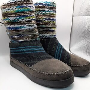 TOMS Nepal Boots Womens 10 Grey Suede Multi Knit Faux Fur Lined Mid Calf Boots